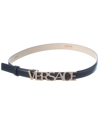 Versace Logo Buckle Leather Belt In Black
