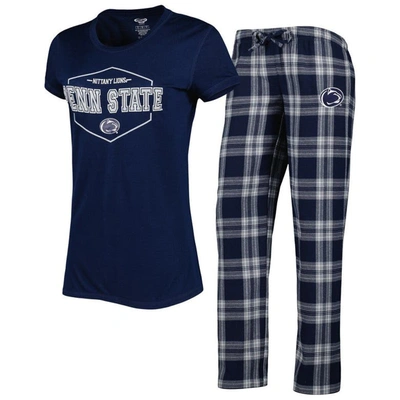 Concepts Sport Women's  Navy, Gray Penn State Nittany Lions Badge T-shirt And Flannel Pants Sleep Set In Navy,gray