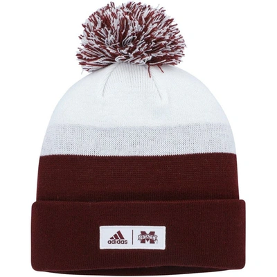Adidas Originals Men's Adidas Maroon And White Mississippi State Bulldogs Colourblock Cuffed Knit Hat With Pom In Maroon,white