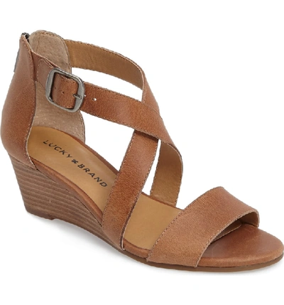 Lucky Brand Jenley Wedge Sandal In Dark Camel Leather