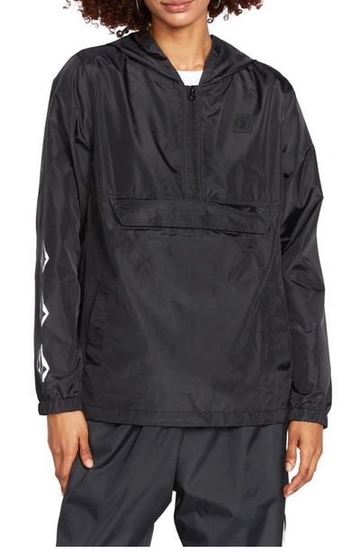 Volcom Earth Tripper Water Repellent Packable Hooded Pullover Jacket In Black