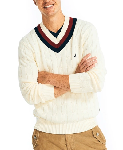Nautica Men's Cable-knit V-neck Varsity Cricket Sweater In Sail Cream
