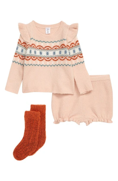 Nordstrom Babies' Festive Sweater, Shorts & Socks Set In Pink Smoke Star Fairisle