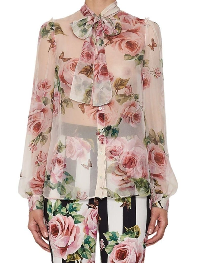 Dolce & Gabbana Roses Printed Silk Shirt In Multicolor