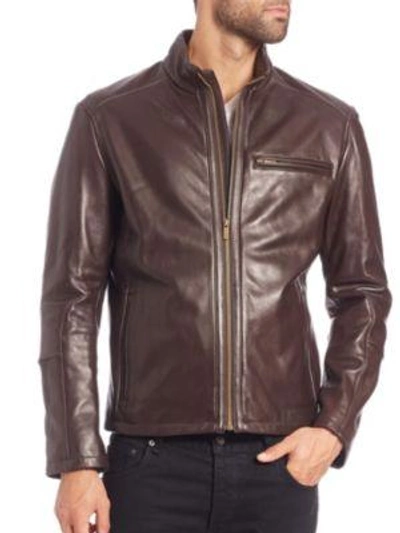 Cole Haan Smooth Leather Moto Jacket In Java