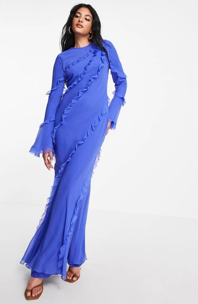 Asos Design Exaggerated Sleeve Ruffle Detail Maxi Dress In Bright