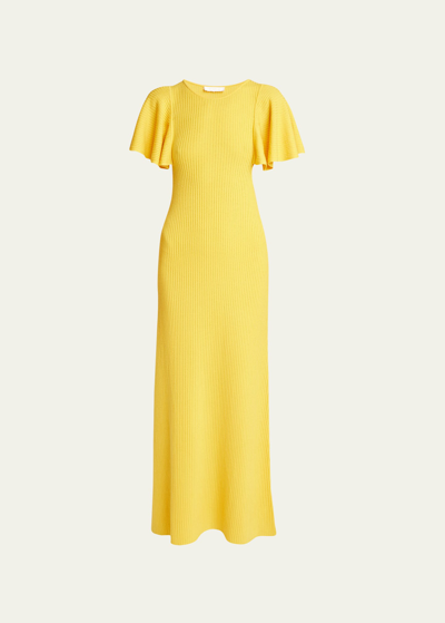 Chloé 罗纹针织羊毛中长连衣裙 In Yellow