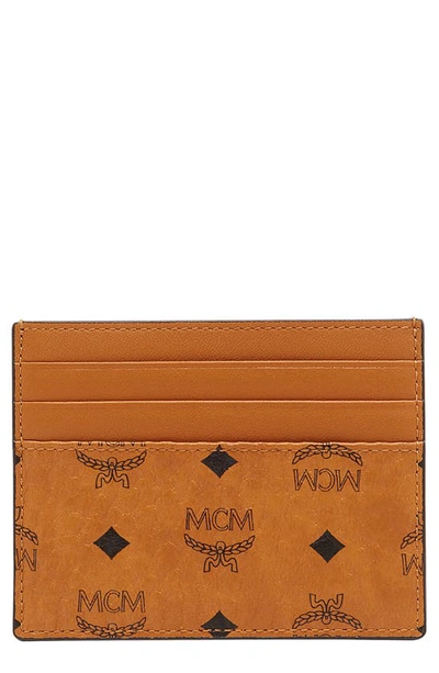 Mcm Mini Visetos Canvas Card Case With Money Clip In Cognac