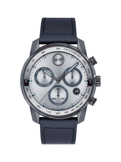 Movado Bold Verso Chronograph Leather Strap Watch, 44mm In Silver/blue