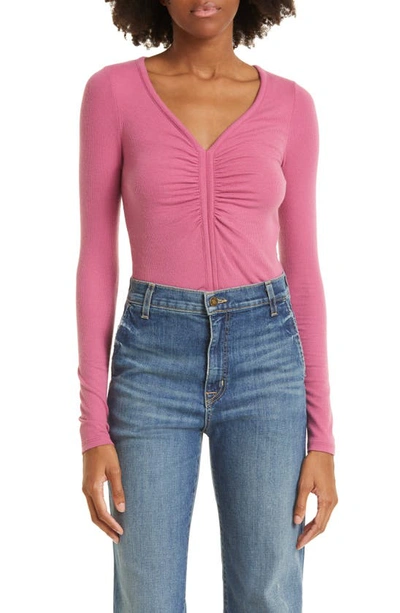 Atm Anthony Thomas Melillo Modal Ribbed Ruched V-neck Top In Pink Gardenia