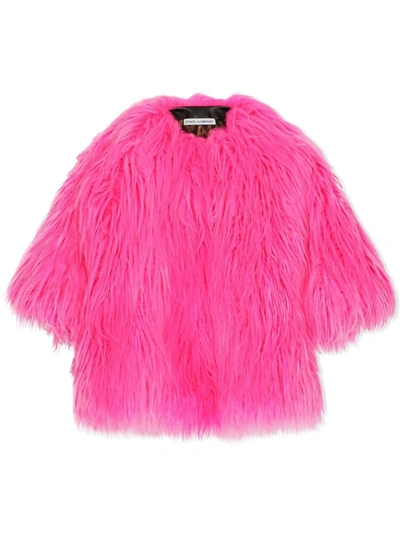 Dolce & Gabbana Kids' Faux-fur Round Neck Coat In Fuchsia