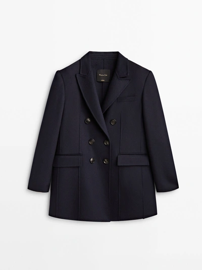 Massimo Dutti Navy Blue Cropped Double-breasted Coat