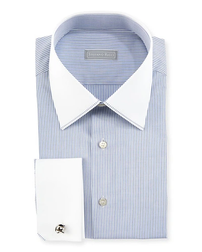 Stefano Ricci Contrast Collar/cuff Thin-striped Dress Shirt, White/blue