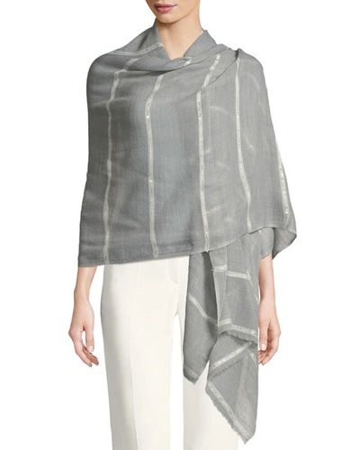 Bindya Wool-silk Striped Stole Delicacy W/ Sequins In Light Gray