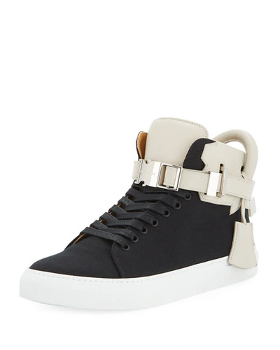 Buscemi Men's 100mm Clip Canvas Mid-top Sneakers, Black/white