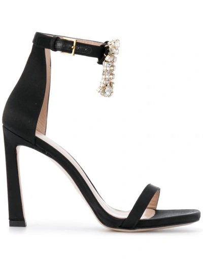 Stuart Weitzman Women's 100fringesquarenudist Satin Embellished High-heel Ankle Strap Sandals In Black