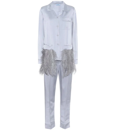 Prada Button-down Satin Pajama Set W/ Feathers, Gray In Opaline (grey)