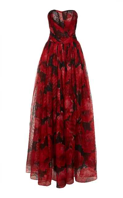 Pamella Roland Strapless Floral-print Mesh Organza Evening Gown In Red Pattern