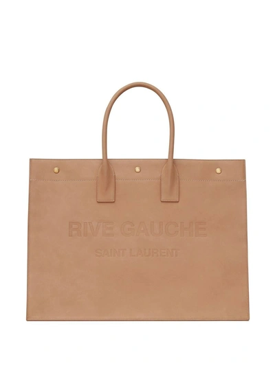 Saint Laurent Rive Gauche Embossed Leather Tote Bag In Vintage Brown Gold