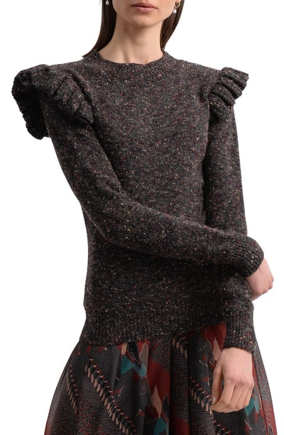 Molly Bracken Ruffle Shoulder Sweater In Brown
