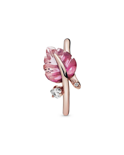 Pandora Rose 14k Rose Gold Plated Pink Murano Glass Cz Leaf Ring In Nocolor