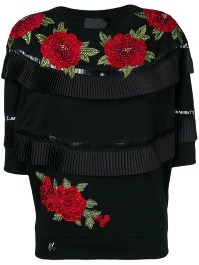 Philipp Plein Embroidered Rose Pleated T-shirt - Black