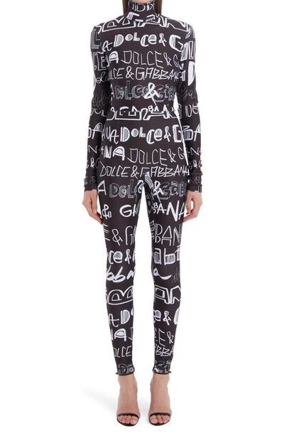Dolce & Gabbana Graffiti Print Mock Neck Long Sleeve Jumpsuit In Hnsaa Logo2 Bco Fdo.nero