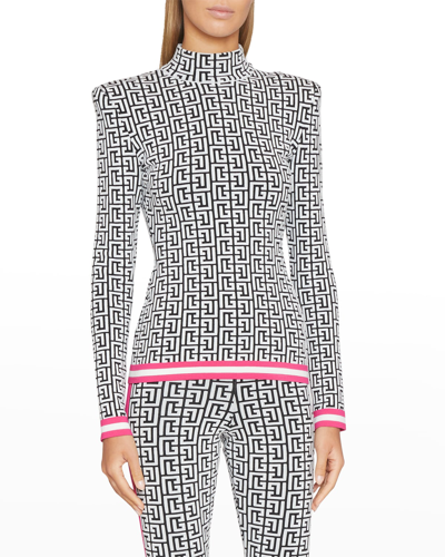 Balmain Monogram Mock-neck Strong-shoulder Sweater In Eeb Noir Blanc Fuchsia