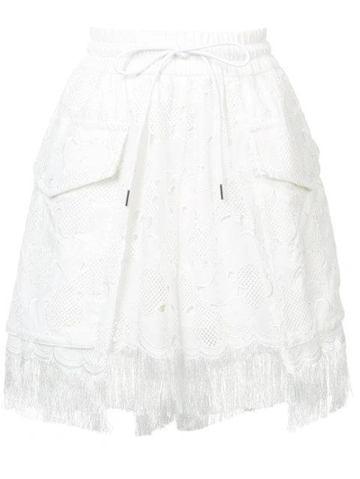 Sacai Embroidered Fringed Shorts - White