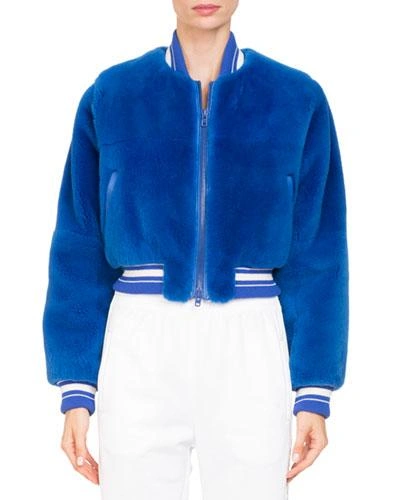 Givenchy Fur Bomber Jacket With Logo On Back In Bright Blue