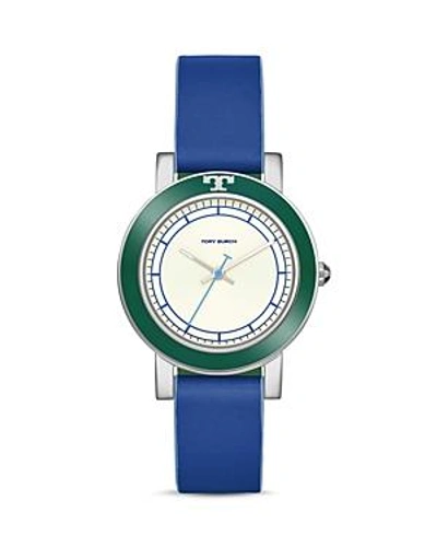 Tory Burch Ellsworth Stainless Steel Leather-strap Watch In White/blue