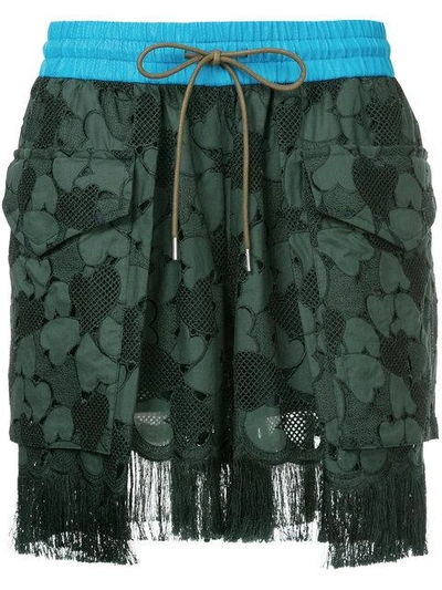 Sacai Embroidered Fringed Shorts In Green