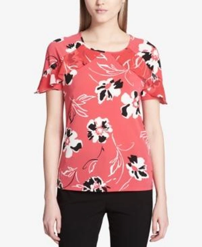 Calvin Klein Printed Chiffon-trim Top In Black/watermelon