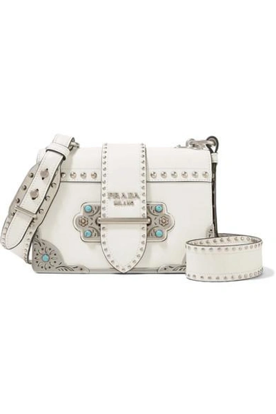 Prada Cahier Embellished Leather Shoulder Bag In White | ModeSens