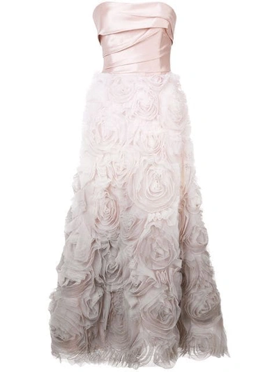 Marchesa Notte Strapless Ombre Textured Midi Tea Gown In Blush