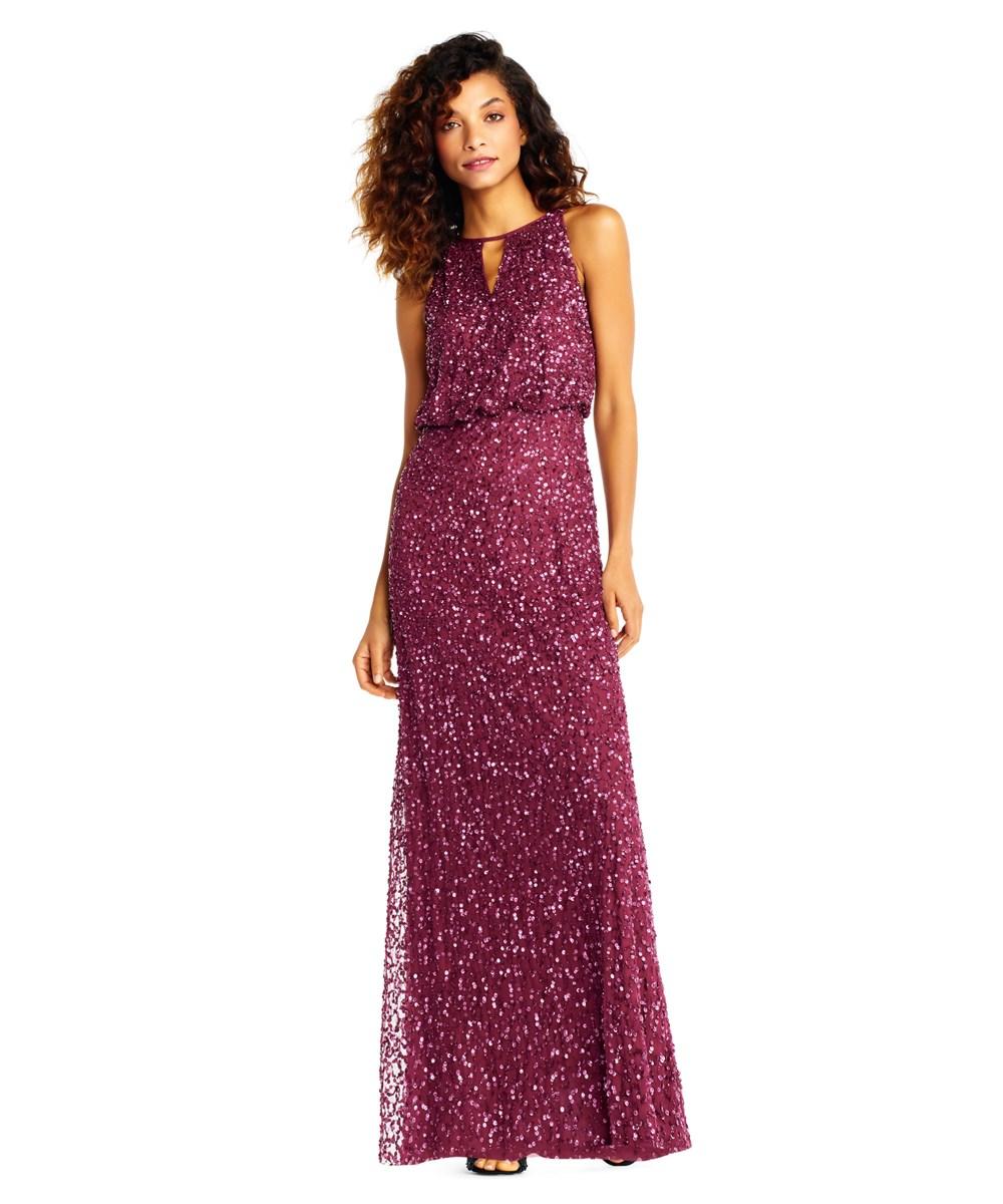 Adrianna Papell Sequin Beaded Halter Blouson Gown With Keyhole In Black  Cherry | ModeSens