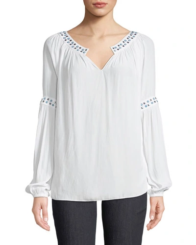 Ramy Brook Wyatt Round-neck Blouson-sleeve Shirred Top With Studs In Ivory