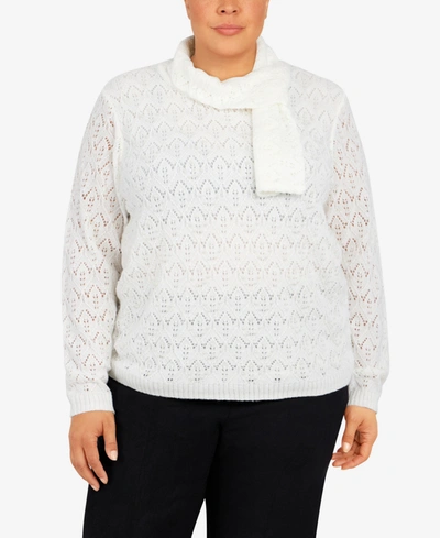 Alfred Dunner Plus Size Stonehenge Long Sleeve Pointelle Sweater With Scarf In Ivory