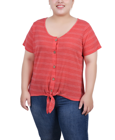 Ny Collection Plus Size Short Sleeve Tie Front Top In Red