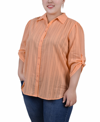 Ny Collection Plus Size 3/4 Roll Tab Sleeve Cotton Blouse In Light Coral