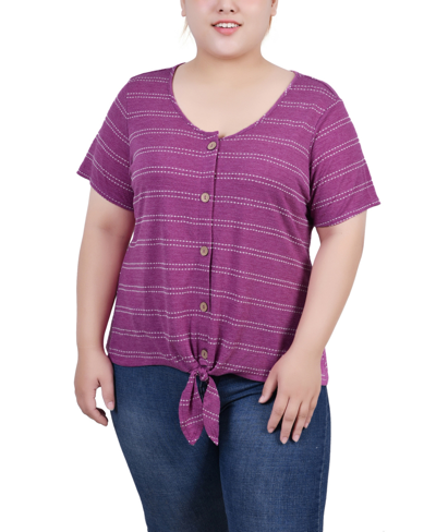 Ny Collection Plus Size Short Sleeve Tie Front Top In Purple