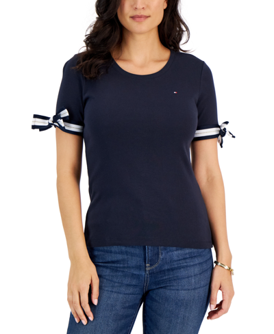 Oferta global Currículum Tommy Hilfiger Women's Cotton Striped Tie-sleeve T-shirt In Sky Captain |  ModeSens