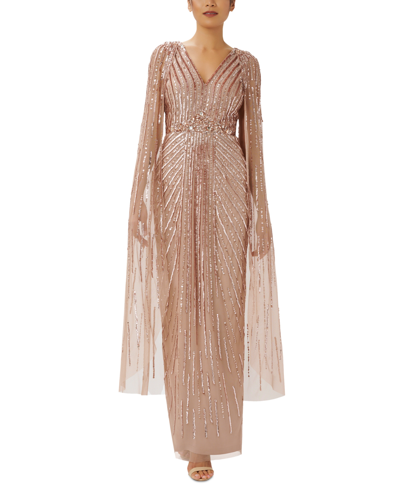 Adrianna Papell Beaded Sequin Long Sleeve Cape Overlay Column Gown In Rose Gold