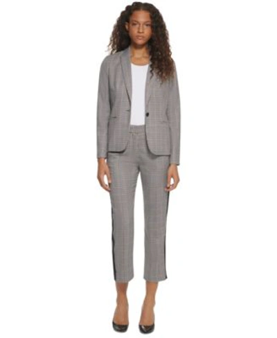 Tommy Hilfiger Womens Printed Side Striped Straight Leg Pants One Button Plaid Blazer In Grey