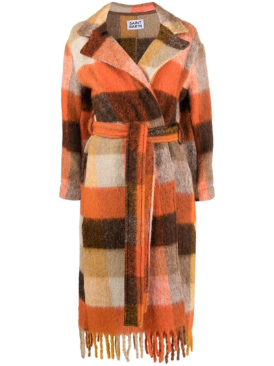 Mc2 Saint Barth Fringed Check Mid-length Coat In Neutrals