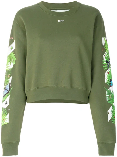 Off-white Logo And Foliage-print Cotton Cropped Sweatshirt In Green