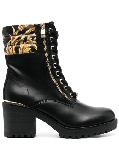 Versace Jeans Couture High Heels Ankle Boots In Black Leather In Schwarz