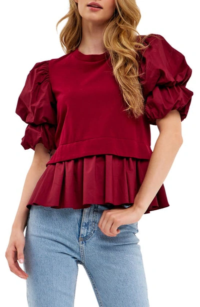 English Factory Puff Sleeve Mixed Media Top In Red