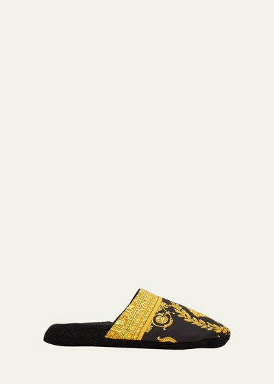 Versace Men's Barocco-print Mule Slippers In Black,gold