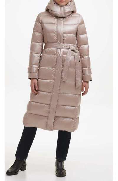 Karl Lagerfeld Contrast Belted Longline Puffer Jacket In Sand